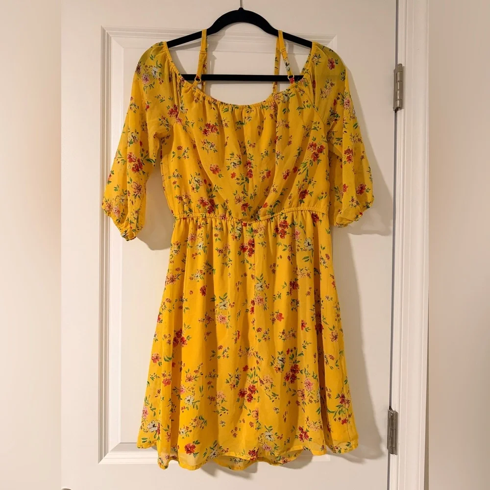 Yellow Floral Off Shoulder Dress Spaghetti Straps Size M - Picture 4 of 9